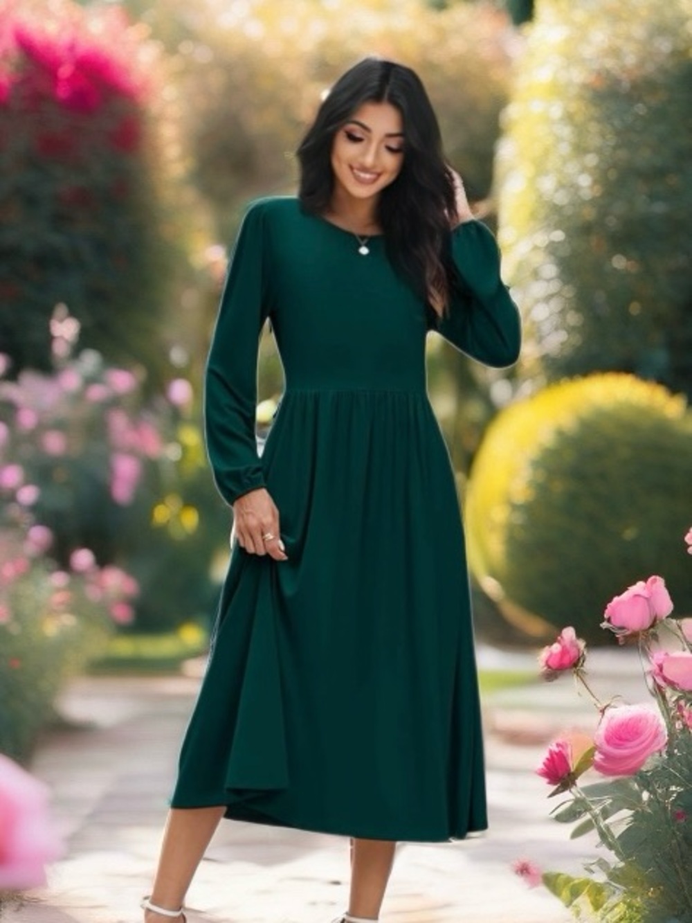 Long-Sleeve Emerald Midi Dress with Gathered Waist